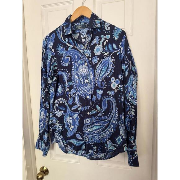Polo Ralph Lauren Mens Small Paisley Linen Aqua Blue Long Sleeve Button Up Shirt - Picture 3 of 13